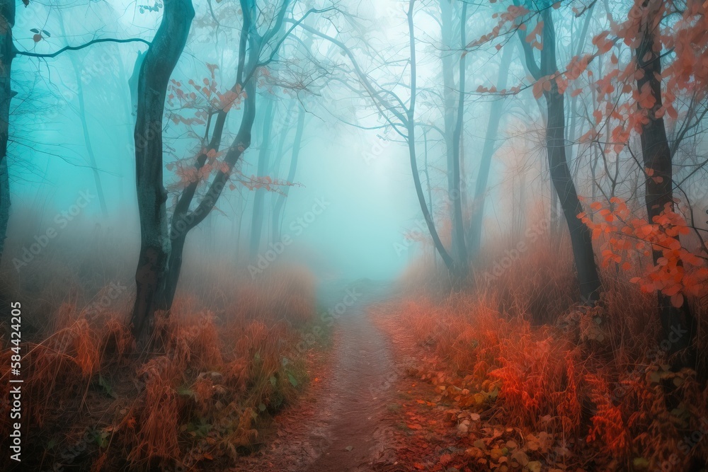 Poster a path through a forest with trees and grass on both sides. generative ai
