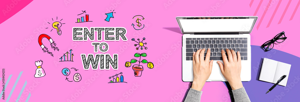 Poster enter to win with person using a laptop computer