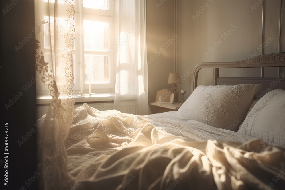 Poster a bed with a white comforter and a window in the background. generative ai