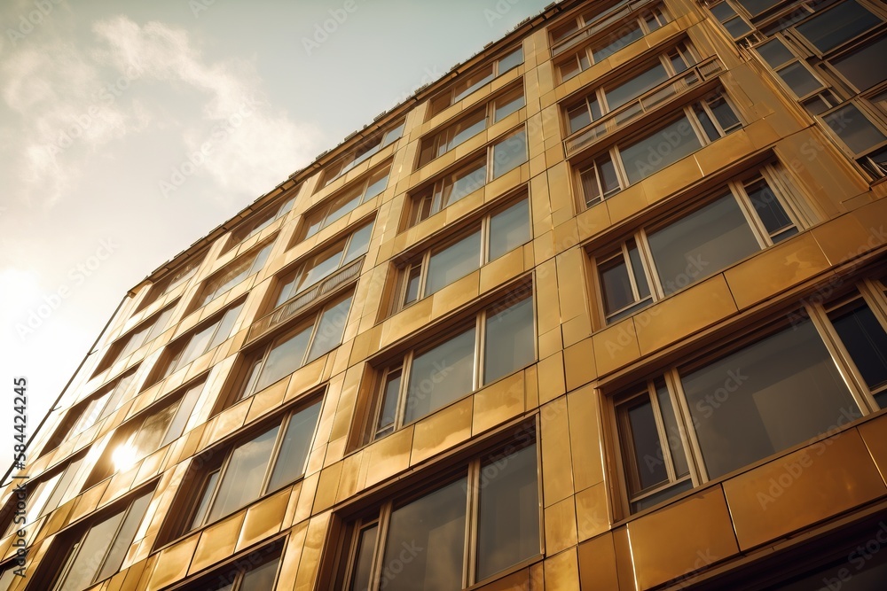 Poster a tall building with lots of windows and a sky background. generative ai