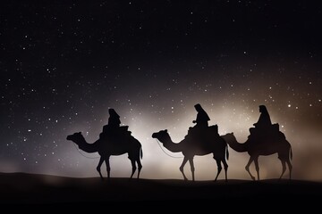  three wise men riding on camels in the desert at night.  generative ai