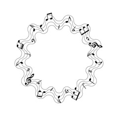 Music notes background, round wavy musical frame, vector illustration.