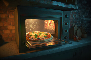 Pizza in the oven, the fire burns. AI generative.