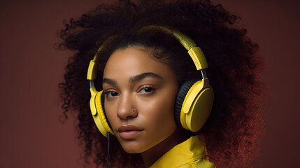 Beautiful young brunette woman in big headphones headset listening to music and smiling. Banner with copy space generative ai