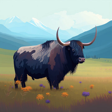 Yak ox portrait in field minimal style