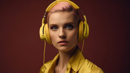 Beautiful young brunette woman in big headphones headset listening to music and smiling. Banner with copy space generative ai