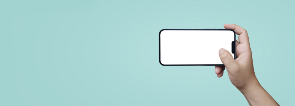 cell phone in hand with blue background and transparent screen png - easy modification