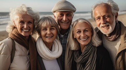 Group of smiling seniors at the beach looking at the camera. Generative AI