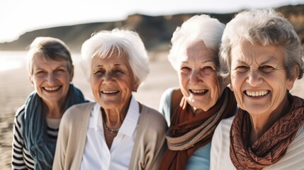 Group of smiling seniors at the beach looking at the camera. Generative AI