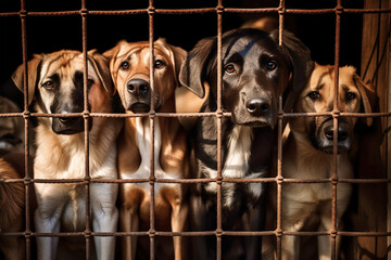 Sad large dogs caught in cage. Generative AI