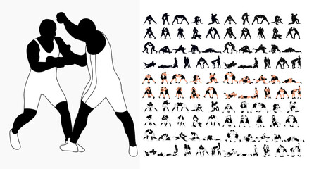 Big set 100 silhouettes athlete wrestler in wrestling, duel, fight. Greco Roman wrestling, martial art, sportsmanship - obrazy, fototapety, plakaty