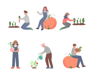 Naklejka premium Male and Female Farmer Working in Garden Vector Set