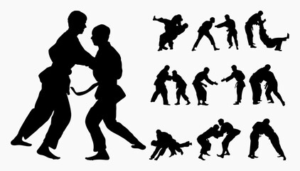 Vector collection silhouettes judoist, judoka, fighter in a duel, fight, judo sport. Martial art. Sportsmanship. Sport silhouettes pack