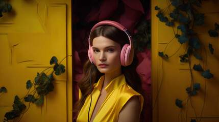 Beautiful young brunette woman in big headphones headset listening to music and smiling. Banner with copy space generative ai