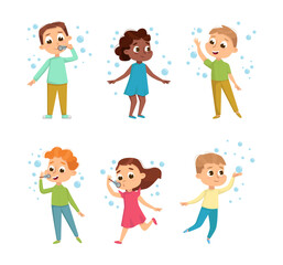 Funny Boy and Girl Playing with Soap Bubbles Vector Set