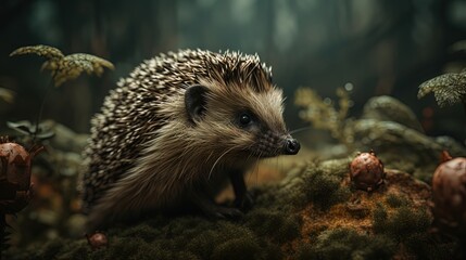 Fototapeta premium cute hedgehog in forest, Generative Ai