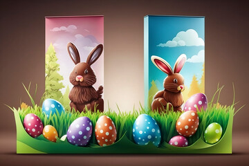Easter banner with chocolate rabbits and beautiful painted eggs set on grass, holiday background, generative ai