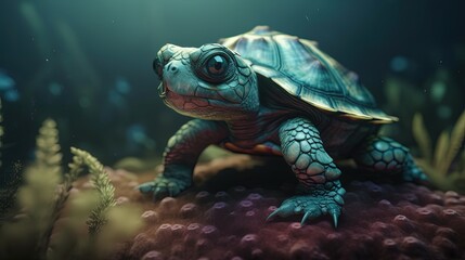 Obraz na płótnie Canvas cute turtle character in cartoon style in nature atmosphere, Generative Ai