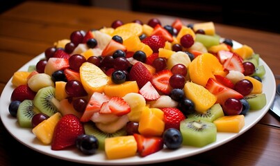  a white plate topped with lots of cut up fruit on top of a wooden table.  generative ai