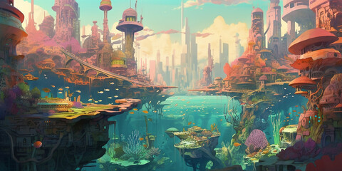 A city that is built on a massive coral reef with build Generative AI Digital Illustration Part#24032