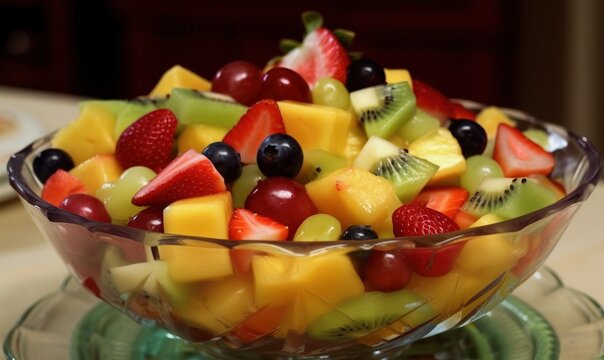  a glass bowl filled with fruit on top of a table.  generative ai