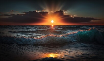  the sun is setting over the ocean with waves in the foreground.  generative ai