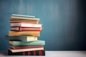 Stack of books on a blue background, with copy space. Created with generative AI.