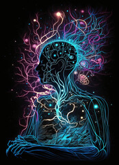 Luminescent abstract human meditating in a sitting pose. Energy esoteric yogi practice watercolor digital art generative ai