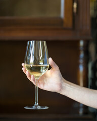 Glass of white wine in woman's hand. Wine tasting. Examining color of wine. Grape wine golden color. Woman raises her glass. Wooden blurred background. Side view. Copy space. 