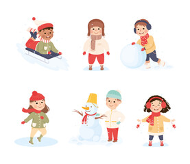 Excited Boy and Girl Enjoying Winter Outdoor Activity Vector Set