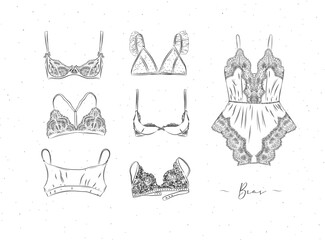 Lace sexy bras collection drawn in graphic style on white color background