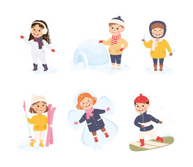 Excited Boy and Girl Enjoying Winter Outdoor Activity Vector Set