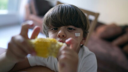 One small boy eating corn indoors. Child eats nutritious food. Kid eats lunch or snacking
