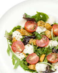Salad with mozzarella, chicken, arugula, tomatoes, lettuce, oregano. Dish in white plate. Italian cuisine, mediterranean cuisine. Healthy diet. Close-up. White background. View from above.