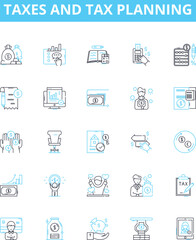Taxes and tax planning vector line icons set. Taxes, Taxation, Taxation Planning, Planning, Return, Deductible, Payroll illustration outline concept symbols and signs