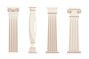 Obraz premium Vector illustration of Roman columns in cartoon style. Ancient parts of buildings and beautiful patterns on them, isolated on a white background. Ancient Roman culture and architecture. Renaissance