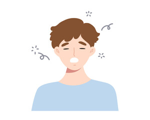 Sleepy man isolated on white background. Concept of insomnia, sleepyhead, early wake up, morning, yawning, sleepy face. Flat vector illustration character.