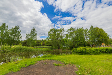 Beautiful view of nature with river against backdrop of forest trees and blue sky with white clouds. Sweden. 