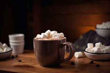 generative ai illustration of a cup of hot chocolate with marshmallows, mug on wooden table