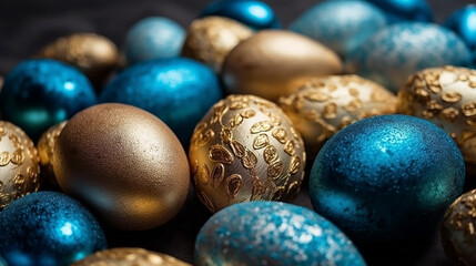 Happy Easter Luxury background with golden and blue eggs. Generative AI.