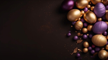 Happy Easter Luxury background with golden and purple eggs. Empty advertising place. Generative AI