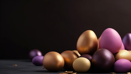 Happy Easter Luxury background with golden and purple eggs. Empty advertising place. Generative AI