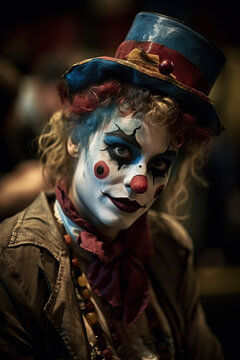 Woman Wearing a Vintage Circus Costume with Clown Makeup Generative AI