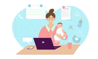 Fototapeta na wymiar Woman freelancer working from home with child. Balance between work and motherhood