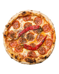 Pizza with pepperoni salami, cheese, chili and herbs. Pizza on coals baked in oven. Italian Cuisine. View from above. Close-up. Isolate on white background. Copy space.