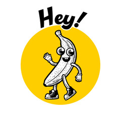 Cartoon banana t-shirt design sketch vector illustration. Happy walking cartoon banana fruit sketch engraving vector illustration. T-shirt apparel print design. Scratch board imitation