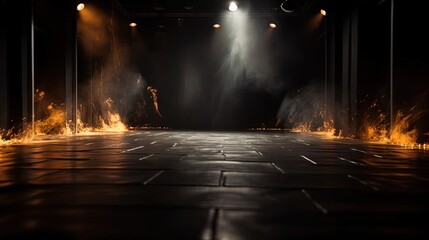 illustration of spotlights shine on stage floor in dark room with burning flame , fire effect ground, idea for background, backdrop Generative Ai