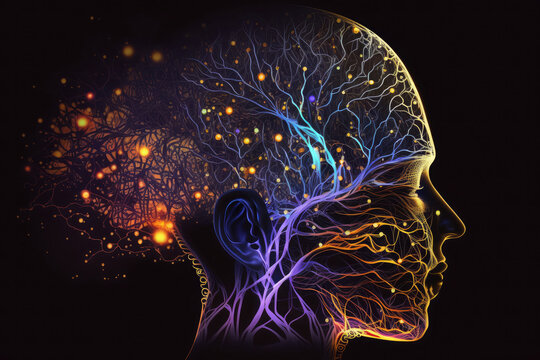Meditation concept with human head silhouette glowing esoteric neurons in brain AI generated