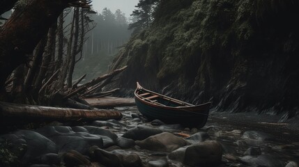 a wooden boat on water steam shore in middle of green rainforest	

