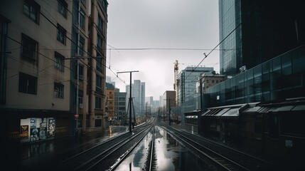 long railway pass through urban city with nobody, bad weather day, Generative Ai